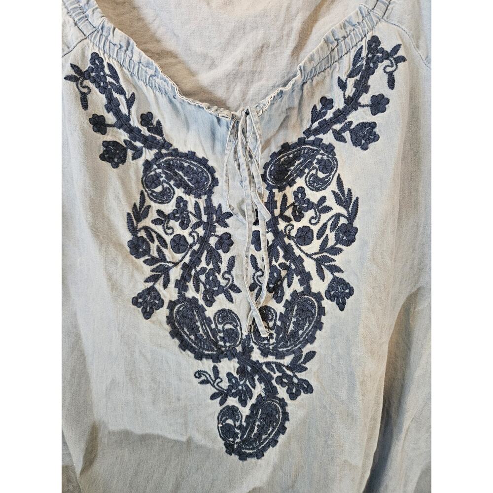 Style & Co. sz XL Blue Cotton Denim Embroidered 3/4 Sleeve Peasant Blouse - Picture 8 of 8